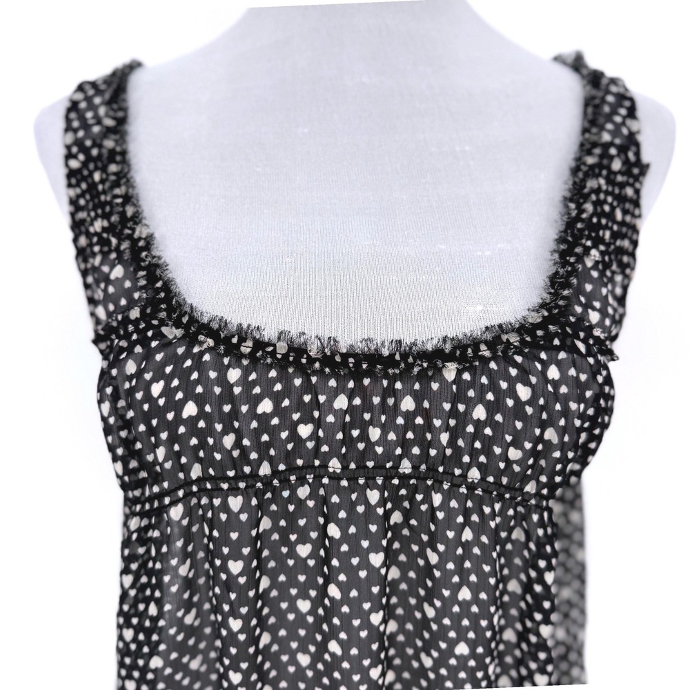 American Eagle ‎ Womens Black White Sheer Heart Print Top Ruffle Trim Size M